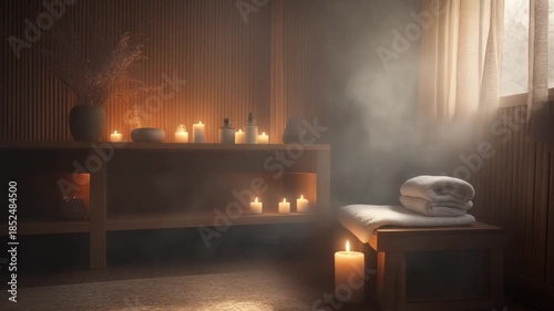 Cozy Wellness Corner with Candles and Drifting Steam for Relaxation