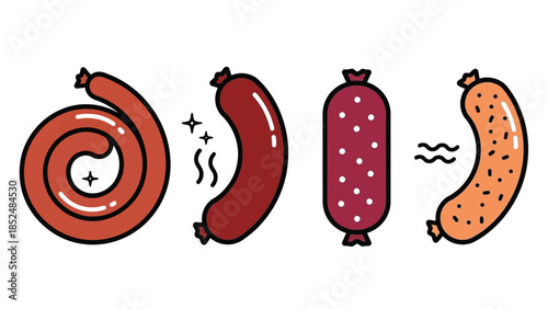 Colorful cartoon sausages in different shapes and flavors illustration
