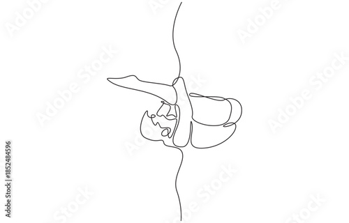 Continuous one line drawing of diving athlete performing somersault as he entering water, single line art.