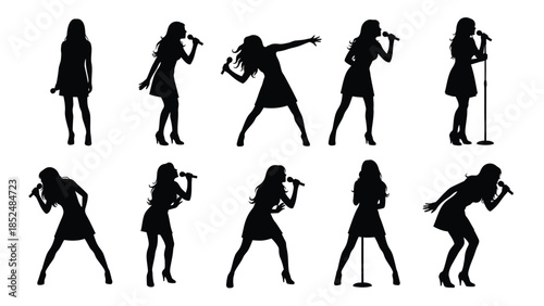 Silhouettes of women singing with microphones in various poses and outfits