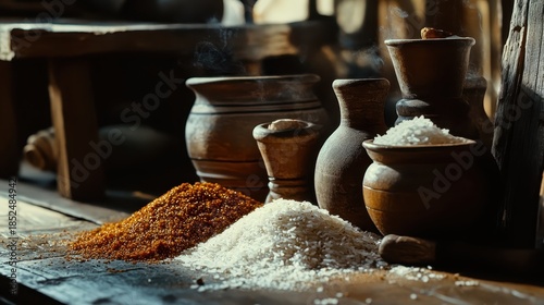 Fototapeta Naklejka Na Ścianę i Meble -  Close up of spiced food with rice and wooden bowls