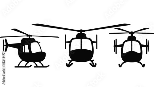 Black helicopter silhouettes in different angles and positions