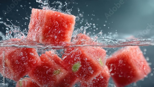 Fresh watermelon chunks splashing into a refreshing pool of water, viewed from a close-up perspective.