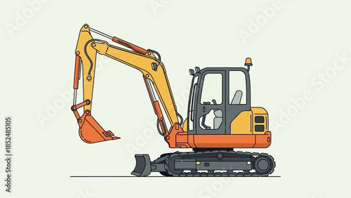 Modern yellow and orange excavator digger machine on a light background, ready for construction work.