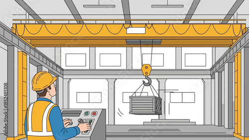 Industrial worker operating an overhead crane with a remote control, lifting heavy cargo in a factory building.