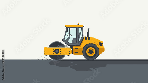 Yellow road roller compacting asphalt on a new road construction site, a heavy machinery vector illustration.