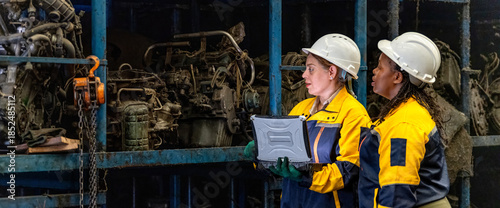 Photos Banner Two female engineers in safety gear inspecting car parts inventory