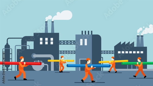 Workers carrying colorful pipes in front of a factory building, illustrating industrial production and teamwork.