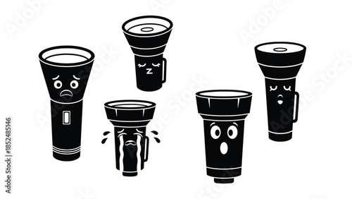 Flashlights with different emotions and facial expressions on white background