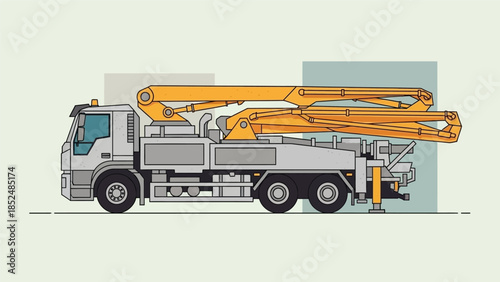 Modern concrete pump truck with extended boom for construction work illustration.