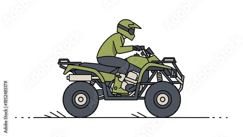 Man in helmet riding an ATV or quad bike, side view illustration.