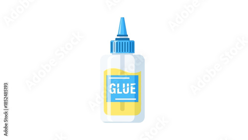 Bottle of glue with blue cap and label, ready for use in crafts or repairs.