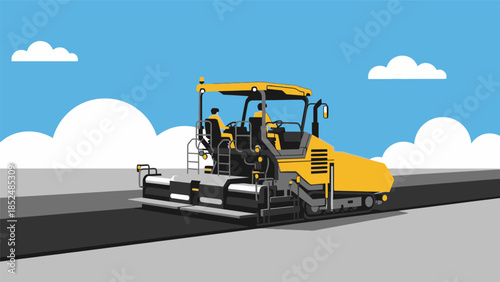 Road construction scene with an asphalt paver laying new tarmac under a blue sky with clouds.
