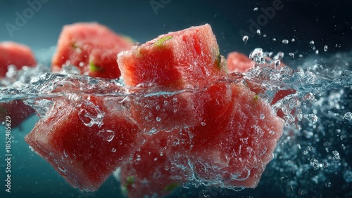Fresh watermelon chunks splashing in water against a dark blue background