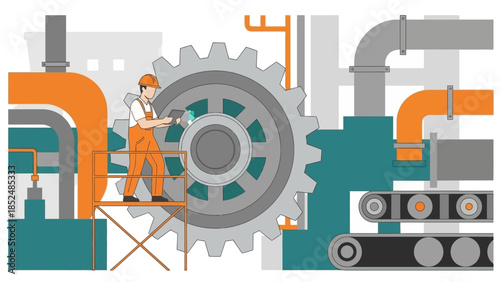 Industrial worker in uniform repairing large gear in factory setting, illustrating maintenance and engineering processes.