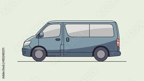 Illustration of a blue passenger van, side view, on a light background, representing urban transport and delivery services.