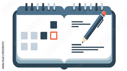 Vector line art illustration of an open planner notebook with a pen for medical appointment scheduling and record keeping