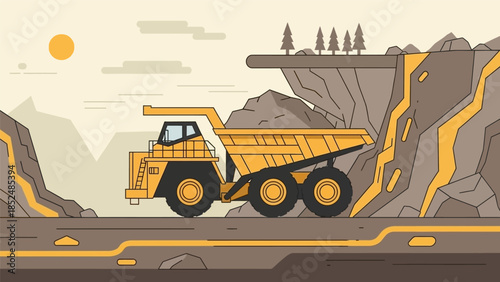 Heavy-duty mining truck transporting ore through a rugged open-pit mine landscape under a sunny sky.