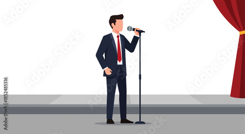 Businessman giving a motivational speech or presentation on stage with a microphone