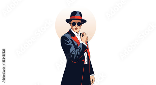 Stylish Gentleman in Fedora and Sunglasses Retro Art Illustration