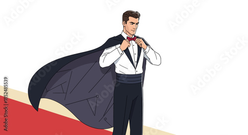 Superhero Businessman Adjusting Cape and Bowtie on Red Carpet Secret Identity Reveal Concept