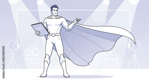 Superhero Business Leader Presenting Strategy on Stage with Spotlight Illumination