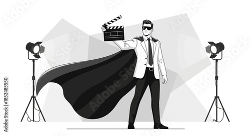 Superhero Filmmaker Holding Clapperboard on Professional Movie Set Illustration