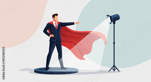 Superhero Businessman in Suit with Red Cape Standing in Spotlight Leadership Concept