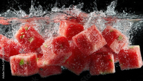Fresh watermelon chunks splashing into water against a dark background