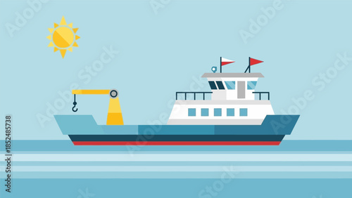 Flat design illustration of a fishing boat on the ocean under a sunny sky.