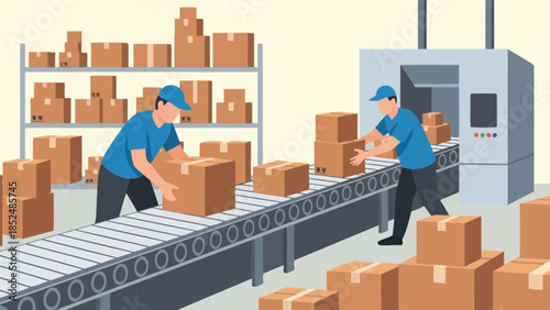 Workers in a factory sorting and packaging products on a conveyor belt system.