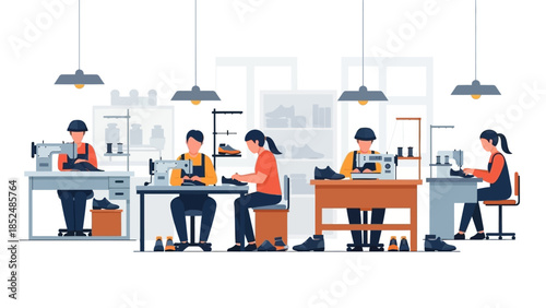 Shoe factory workshop with workers manufacturing footwear using sewing machines and tools.