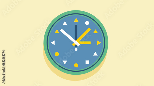 Illustration of a blue clock with yellow and white hands, displaying time on a light background.