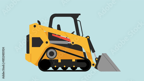 Yellow skid steer loader, a compact construction vehicle with a bucket, used for various tasks on job sites.
