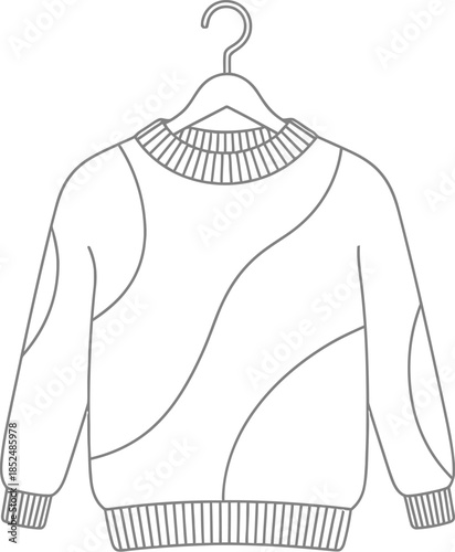 Black and white line art of a crewneck sweater on a hanger, minimalist clothing illustration icon outline
