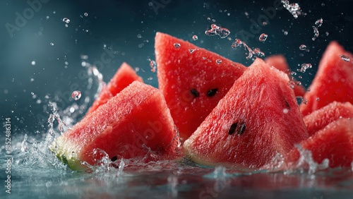 Fresh watermelon slices splashing in water with droplets flying everywhere