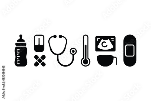 Collection of medical icons representing healthcare and infant care.