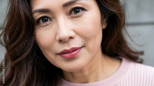 カメラを真っ直ぐ見つめる40代日本人女性の顔のクローズアップ