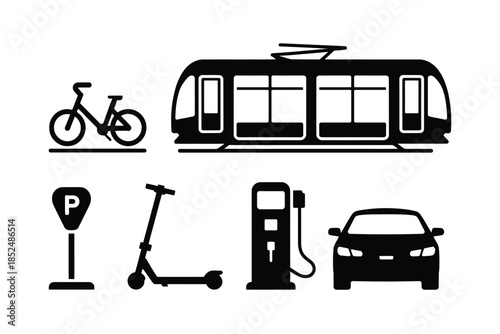 A collection of urban transportation icons including a tram, car, and bicycle.