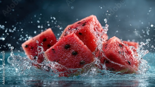 Fresh watermelon chunks splashing in a pool of water, creating a dynamic and refreshing scene with vibrant colors and a sense of movement