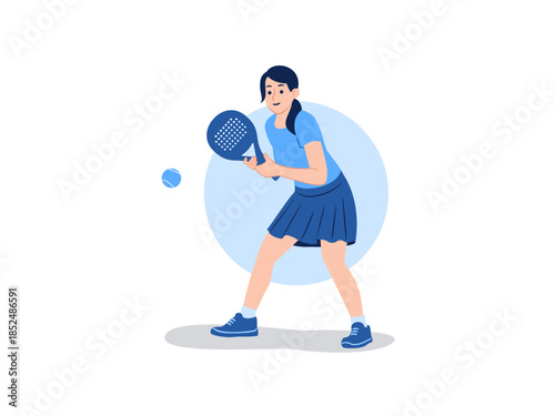 Happy female paddle padel tennis player holding racket practice exercise on court