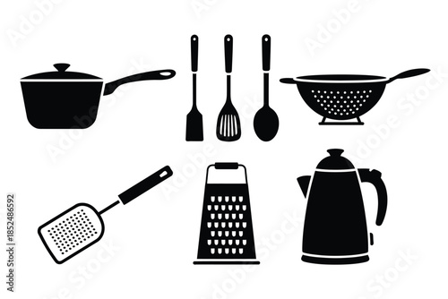 A collection of kitchen utensils and appliances are displayed.