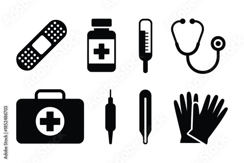 A collection of common medical supplies and instruments are displayed.