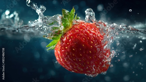 Fresh strawberry splashing into water with vibrant red color and green leaves