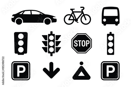 A collection of transportation and traffic control icons.