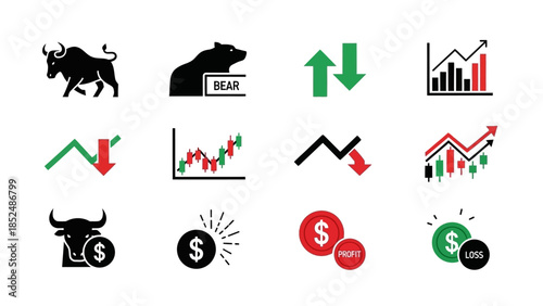 Financial market icon set featuring bull market icon, bear market icon, upward trend arrow, downward trend arrow, stock chart, profit and loss symbols