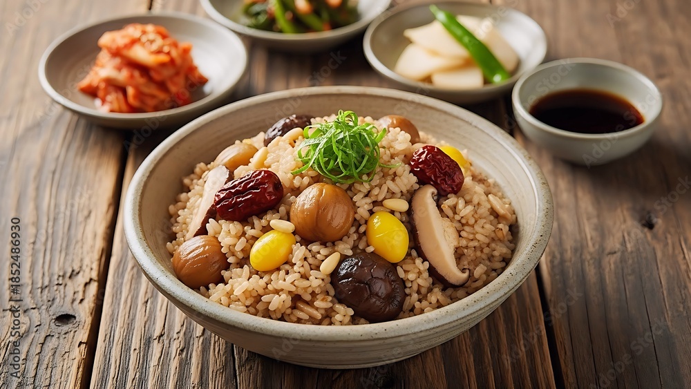 Fototapeta premium A close-up of a bowl of Korean Yeongyangbap, a nutritious mixed grain rice dish, topped with chestnuts, jujube dates, ginkgo nuts, pine nuts, and shiitake mushrooms. Served with various side dishes.