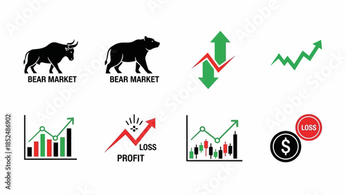 Financial market icon set featuring bull market icon, bear market icon, upward trend arrow, downward trend arrow, stock chart, profit and loss symbols