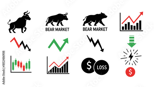 Financial market icon set featuring bull market icon, bear market icon, upward trend arrow, downward trend arrow, stock chart, profit and loss symbols