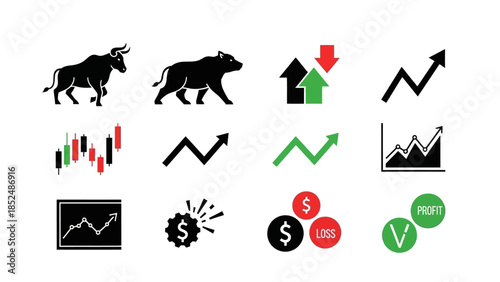 Financial market icon set featuring bull market icon, bear market icon, upward trend arrow, downward trend arrow, stock chart, profit and loss symbols
